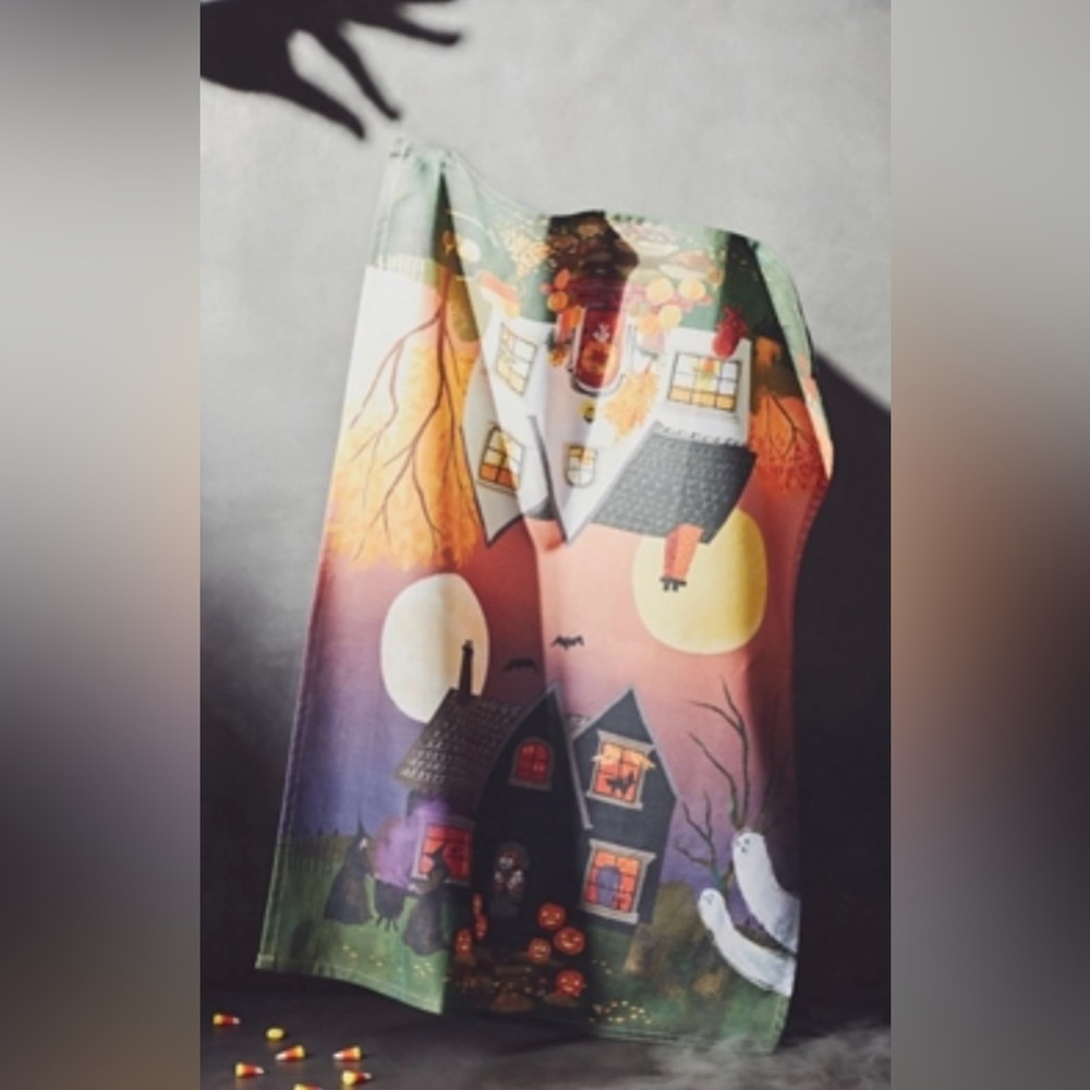 Anthropologie Halloween Fall House Dish Towel 27”x20”NWT